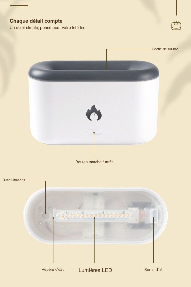 Détails du diffuseur : bouton, sortie de brume, lumières LED, repère d'eau